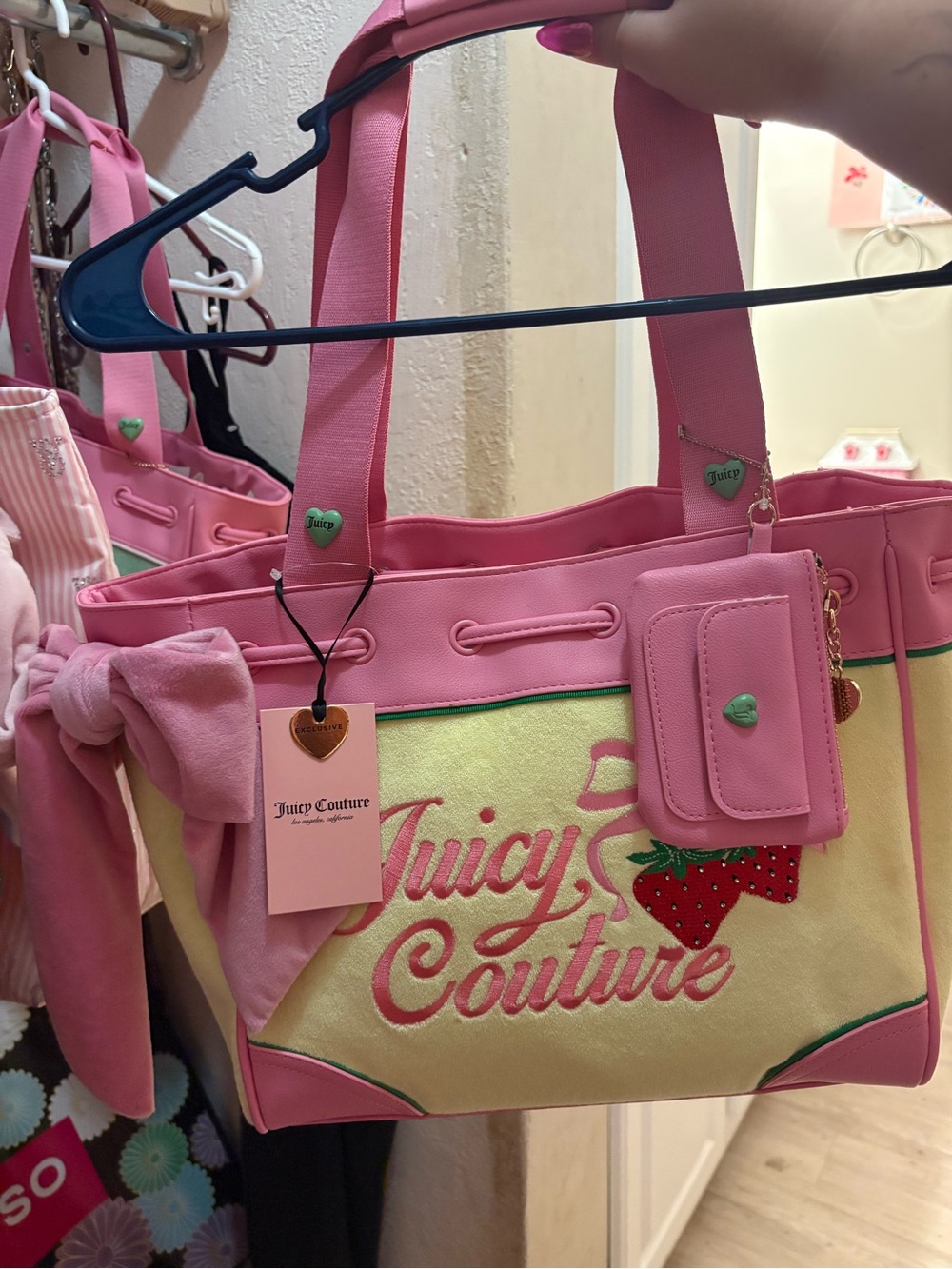 Juicy Couture Pink and Yellow Strawberry Tote with Bow and Charm